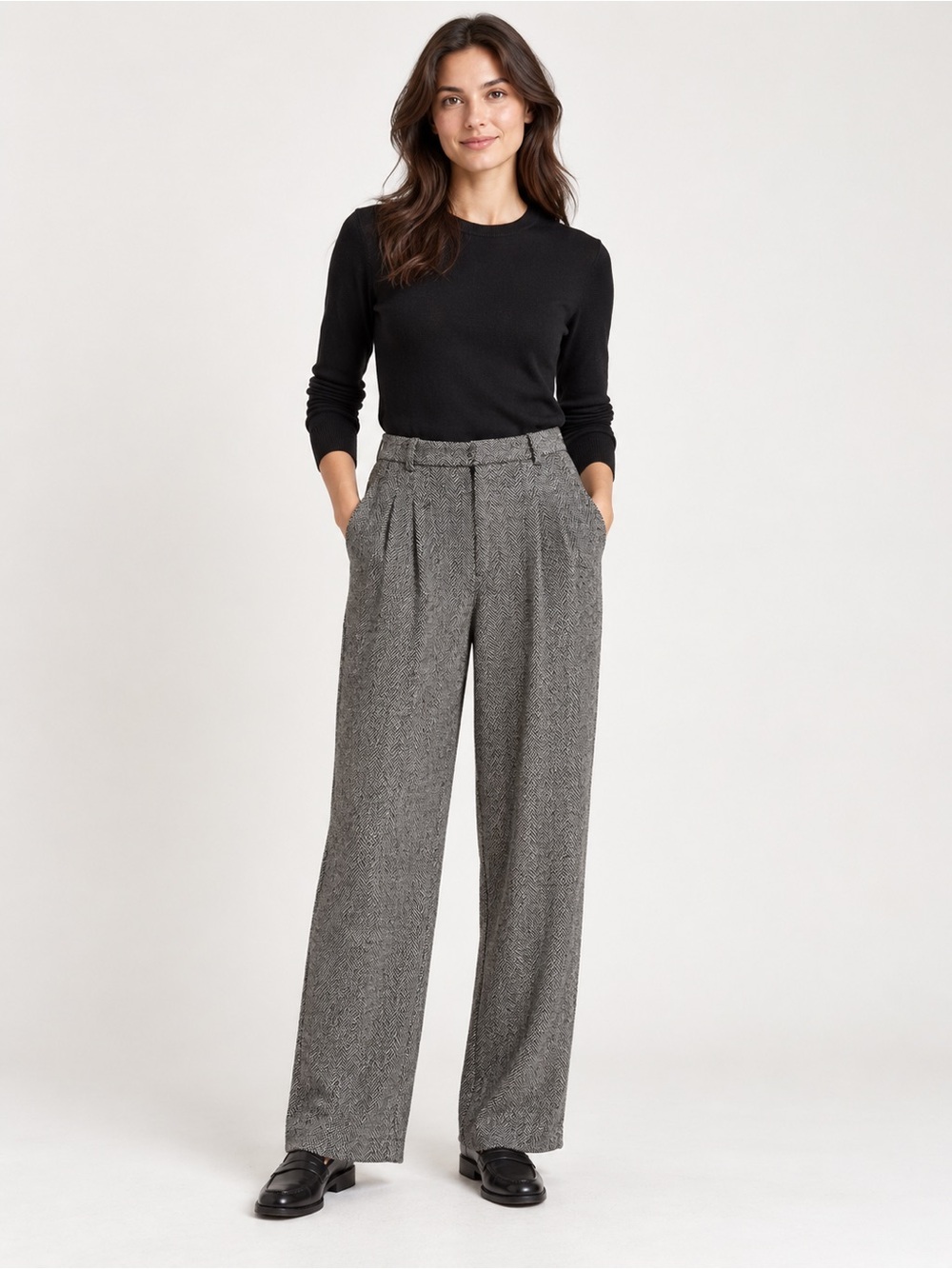 H&M Wool Blend Herringbone Pleated Wide Leg Trousers Size 4
